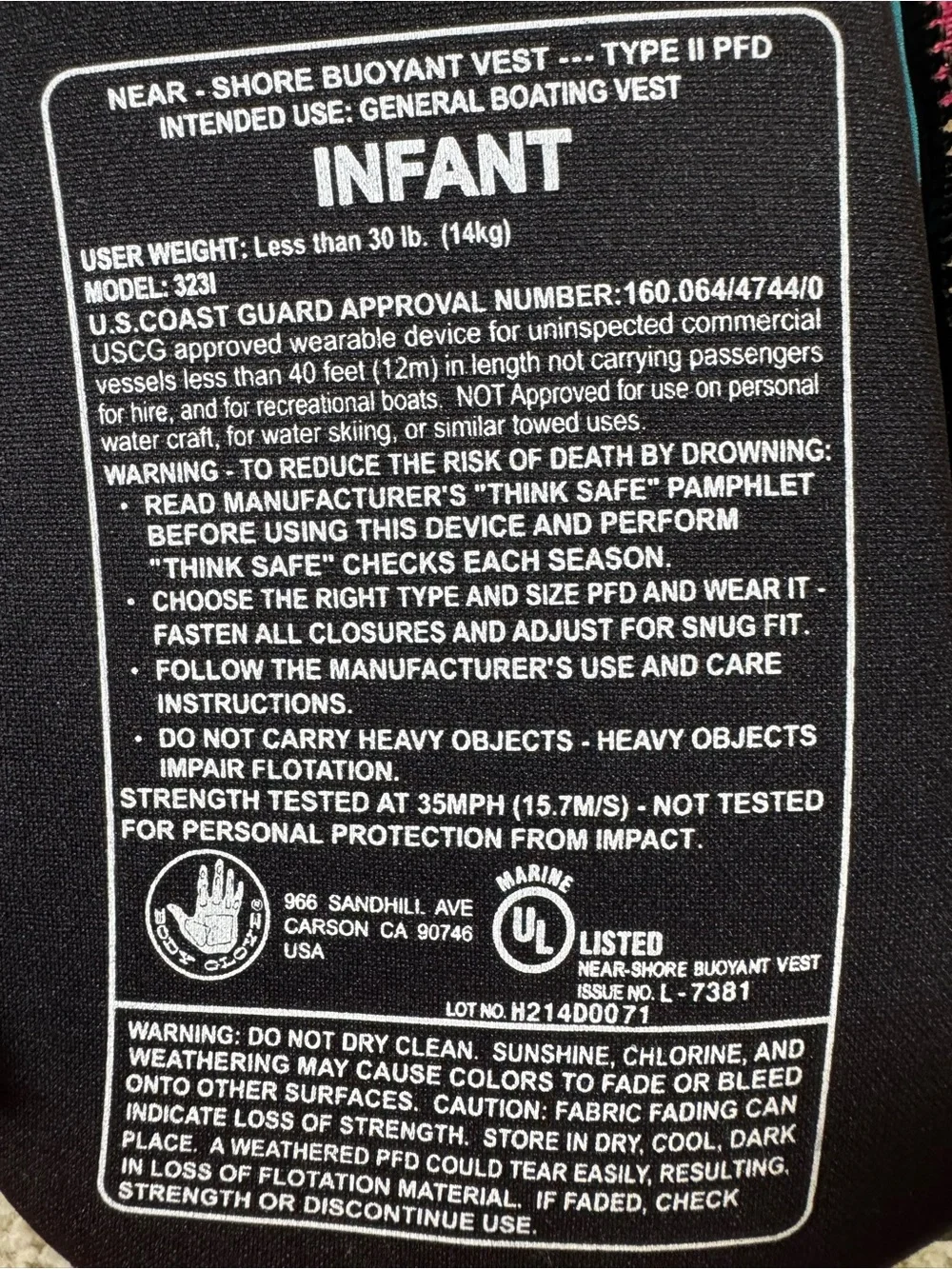 Body Glove Infant Girls PFD Coast Guard Approved Life Jacket less than 30LBS